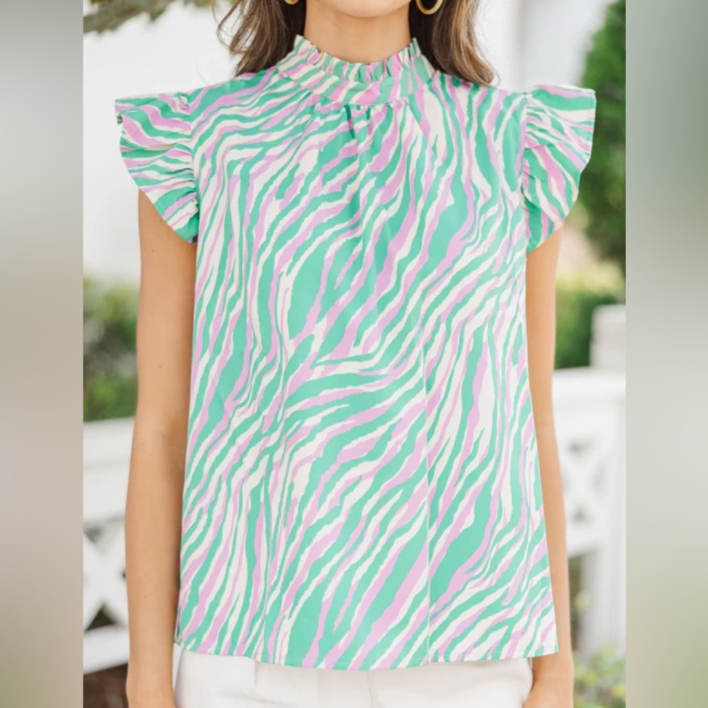 Voy Zebra Print High Neck Ruffle Tie Back Top NWT